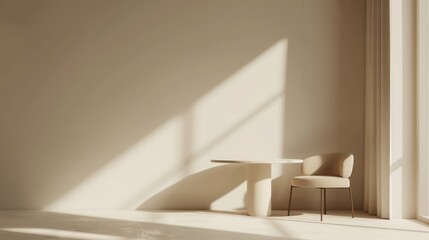 Poster - A modern, minimalistic interior design featuring a beige chair and a white table in a room with large windows that let in natural light. Generative AI