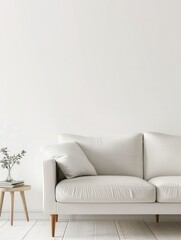 Aufkleber - A white sofa with wooden legs sits in a modern living room, a small side table with a vase of greenery beside it. Generative AI