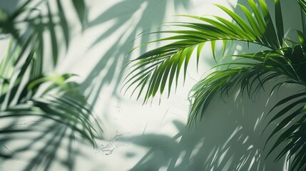 Illustration of tropical palm leaves with abstract shadow on white concrete wall tropical blurred background. Ai generated Image