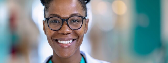  A tight shot of a person wearing glasses and a stethoscope against a softly blurred backdrop