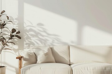Poster - A white couch sits in a room bathed in sunlight, casting long shadows on the wall behind it. A potted plant with green leaves sits on the left side of the frame. Generative AI