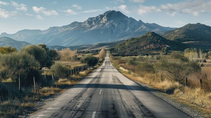 Poster - A scenic view of a winding mountain road with a distant mountain range in the background