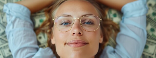 Wall Mural -  A woman in glasses reclines on a green-and-white checked floor, surrounded by a stack of money