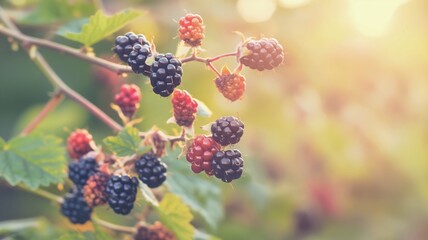 Wall Mural - Fresh and ripe blackberries hanging on a branch with green leaves, creating a vibrant display of deliciousness and freshness in the morning sun