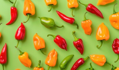 Top view of colorful peppers on a pastel green background