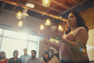 Woman giving a presentation in modern office with colleagues, discussing project, explaining ideas, leadership concept