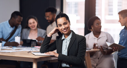 Canvas Print - Businesswoman, portrait or report in meeting for teamwork, partnership or collaboration in office. Planning, happy smile and confident female worker for feedback, paperwork and project in corporate