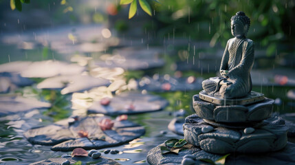 buddha statue in the garden on rain with bokeh and warm light