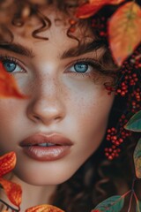 Poster - A close-up shot of a woman's face surrounded by lush green leaves, perfect for use in environmental or nature-themed projects