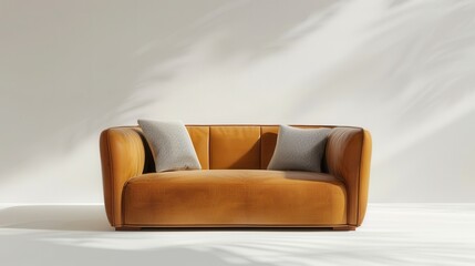 A modern, brown leather sofa with two white pillows sits in front of a white wall with soft light filtering through the window. Generative AI