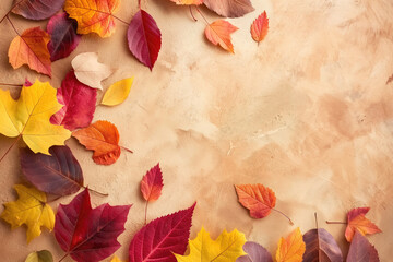 Wall Mural - Autumn leaves on rustic background with copy space