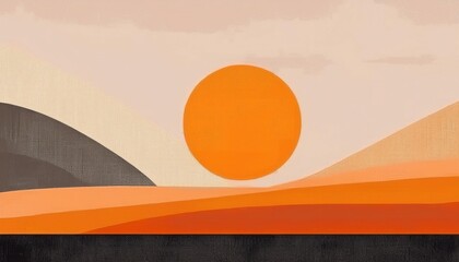Wall Mural - Abstract landscape with orange sun and layered hills