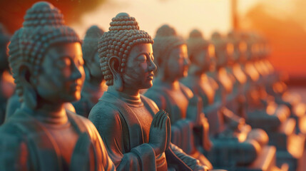 buddha statues in meditation with gentle bokeh and warm morning sunlight