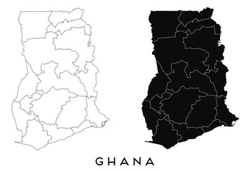 Poster - Ghana map of regions districts vector black on white and outline