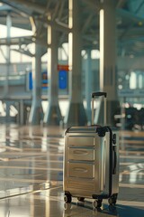 Poster - A silver suitcase sits on a tiled floor, ready for travel