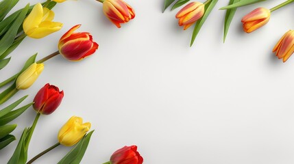 Wall Mural - top view of tulip flowers on white table with space for text