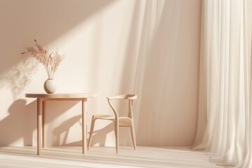 Poster - A wooden table and chair sit in a room with a large window. Sunlight streams through the sheer curtains. Generative AI