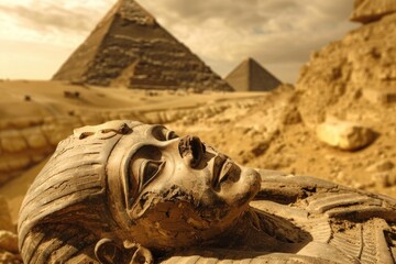 Poster - Ancient Egyptian statue at the base of a pyramid, perfect for historical or archaeological illustrations