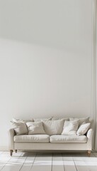 Poster - A white sofa with several pillows sits in a bright, airy living room. Sunlight streams through the window, casting shadows on the tiled floor. Generative AI