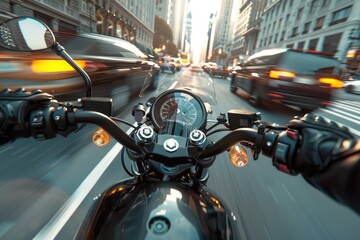 Poster - A motorcycle drives down a city street surrounded by tall buildings, with people and cars in the background