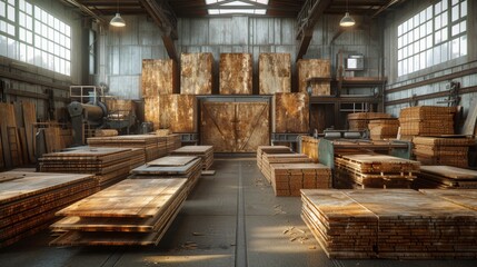 Wall Mural - Sunlight streaming through the windows of a woodworking factory illuminating stacks of lumber ready for carpenters