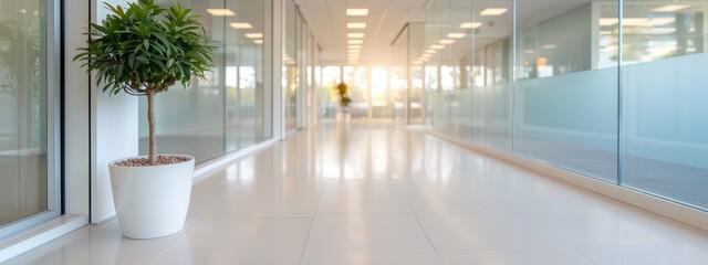 Wall Mural -  A potted plant in a white planter on a white floor's side near a glass wall