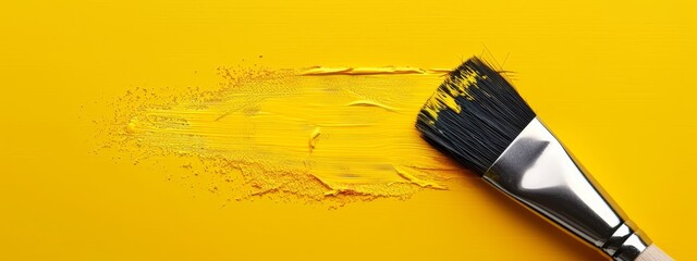 Wall Mural -  A yellow paintbrush leaking paint against a yellow backdrop, casting a shadow to its left