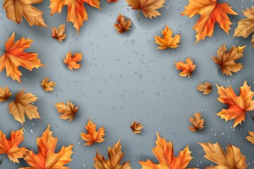 Poster - A collection of autumn leaves in shades of orange and yellow sit on a gray surface, perfect for nature-inspired designs or autumn-themed projects