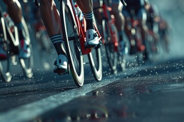 Poster - Group of people cycling down a rainy street