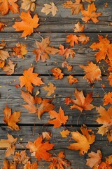 Poster - A pile of autumn leaves lying on a wooden board, great for nature and outdoors-themed designs