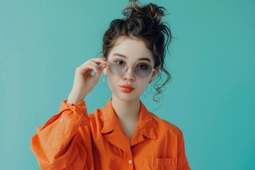 Poster - A person wearing an orange shirt and glasses, suitable for portrait use