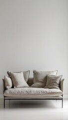 Poster - A beige linen sofa with three pillows sits in a white room. The sofa has a black metal frame and is positioned in front of a white wall. Generative AI