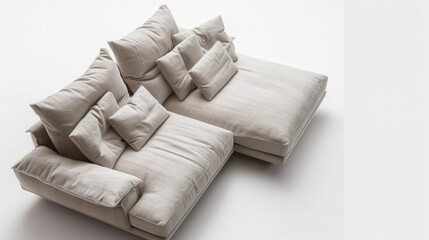 Poster - A white sectional sofa with multiple pillows is arranged in a studio setting with a white background. Generative AI