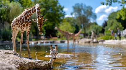 a heartwarming image of a giraffe and its young calf by a riverside, with the calf drinking water an