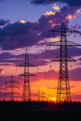 Poster - A scenic view of power lines against a colorful sunset sky