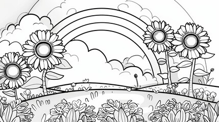 Canvas Print - Black and White Illustration of Sunflowers and a Rainbow in a Field