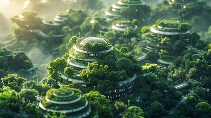 An eco-friendly urban landscape with green rooftops and sustainable buildings in a futuristic city, creating a vibrant and innovative atmosphere.