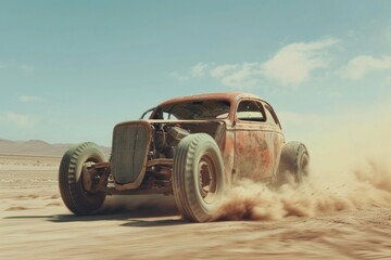 Wall Mural - A vintage car driving on a rural dirt road with a scenic landscape in the background