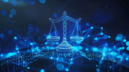 Digital scales of justice with futuristic blue network background. Law, blockchain technology, legal tech, data security, online legal services, digital transformation, cybersecurity.