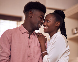 Canvas Print - Hugging, smile and trust with black couple in home together for bonding, romance or security. Happy, love or relax with African man and woman in apartment for dating, marriage or relationship