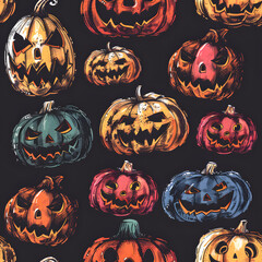 Wall Mural - Colorful Array of Jack-O-Lanterns on Black Background Celebrating Halloween Festivities, pattern