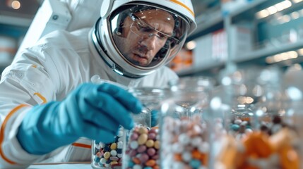 Wall Mural - A scientist in a protective suit and gloves is meticulously examining jars filled with various colorful samples in a high-tech laboratory setting.