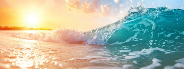 Wall Mural -  The sun sets over the ocean, a large wave in the foreground, a lone surfer in the distance on their board