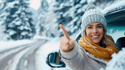 Wall Mural - A cheerful woman in a gray hat and yellow scarf smiles warmly from a car window, surrounded by a serene snow-covered forest, experiencing the joys of winter.