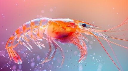 Wall Mural - Translucent shrimp swimming with its segmented body, long antennae, and delicate legs visible