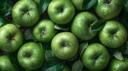 Wall Mural - Green apples with water drops and leaves forming a beautiful background texture