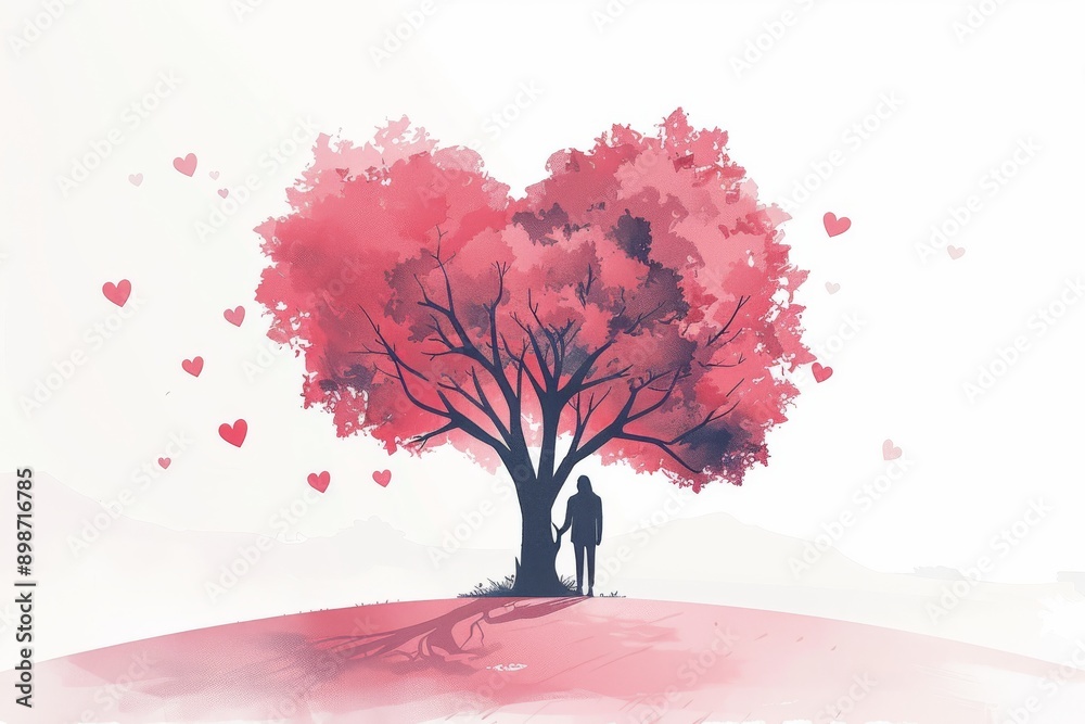 Romantic illustration of a heart shaped tree with falling leaves ...