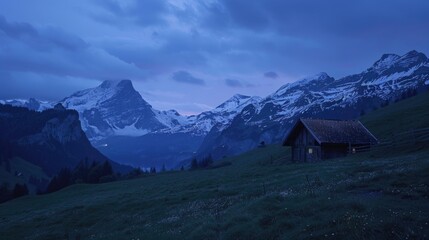 Poster - Cozy cabin in rural setting with surrounding mountains, ideal for rustic or countryside themed projects