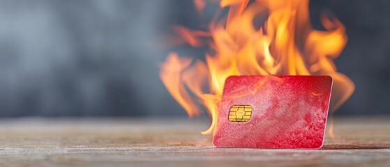 Sticker -  A red SIM card atop a wooden table, with a fire blazing in the background