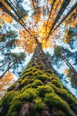 Poster - A tall tree with moss growing on its trunk, perfect for nature or landscape photography